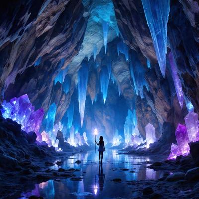 The primary subject of the image is a woman standing in a cave, holding a light. The setting is a dark, cave-like environment with purple and blue lighting, creating a dramatic atmosphere. The visual style appears to be a digital art or illustration, with the woman and the cave being the main focus of the image. The colors and mood of the scene are predominantly purple and blue, giving the image a mysterious and enchanting feel.